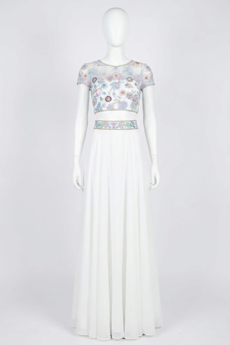 NEW SHERRI HILL bohemian two-piece prom dress in ivory/multi